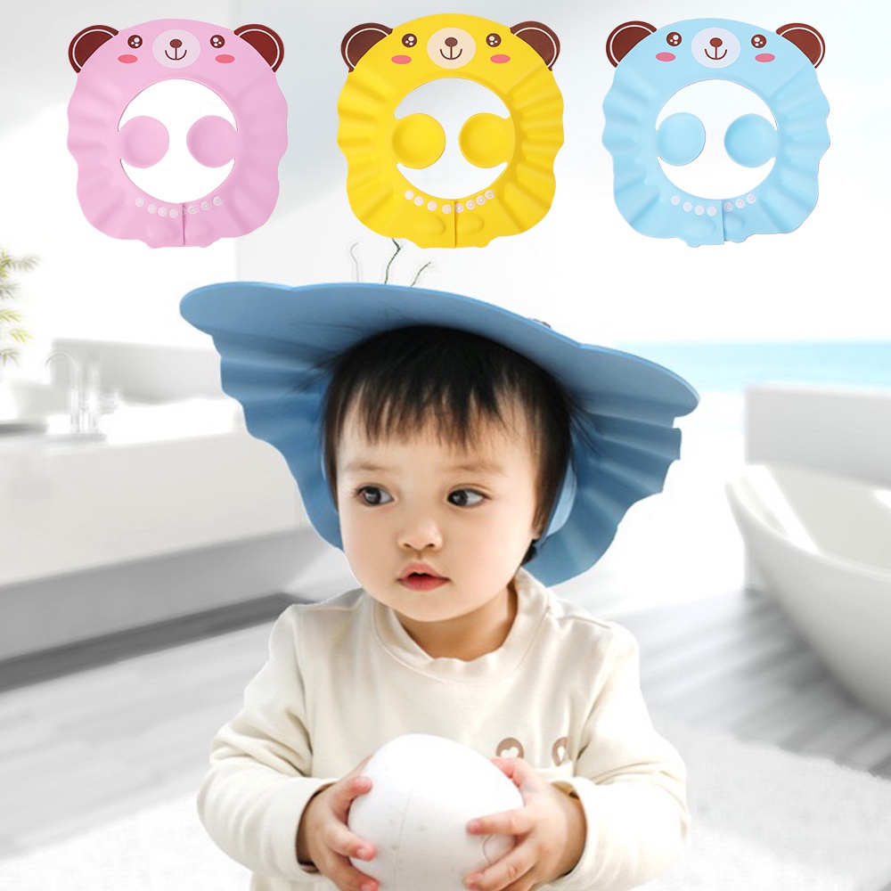 1pc Aksesoris Mandi Anak Lembut Cuci Rambut Topi Penutup Kepala Tahan Air Pelindung Telinga Anak Visor Mandi 3warna Kartun Adjustable Bayi Shower Cap