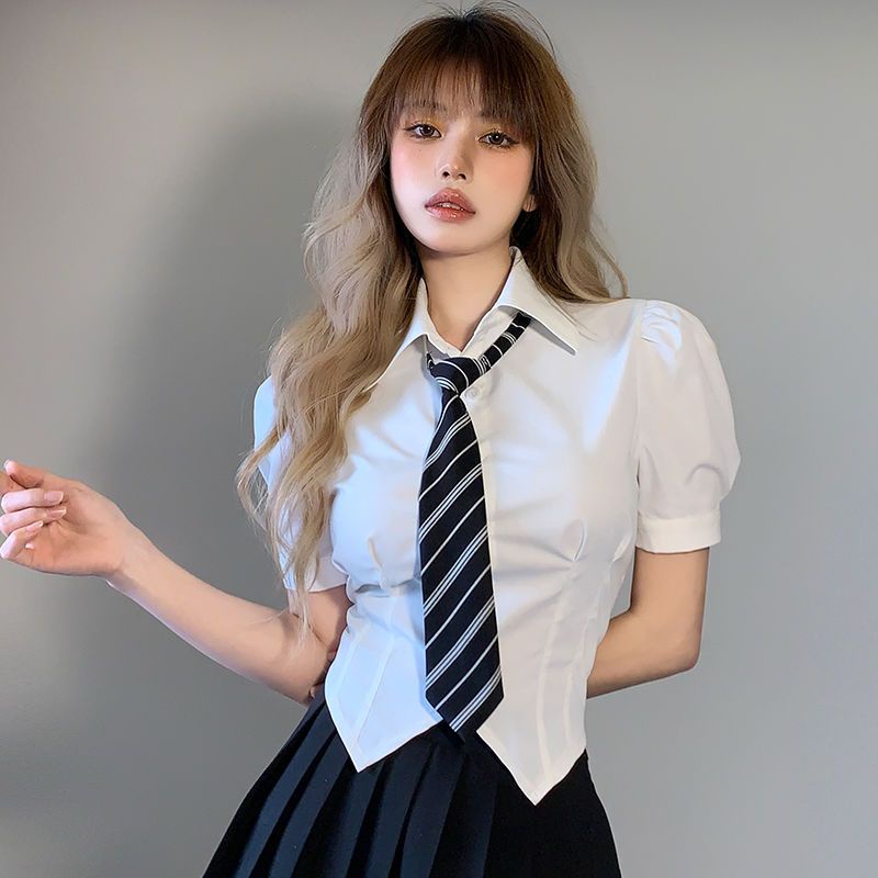 Red Rapcopter Korean college style puff sleeve shirt female POLO gift tie breasted slim fit all-match top summer