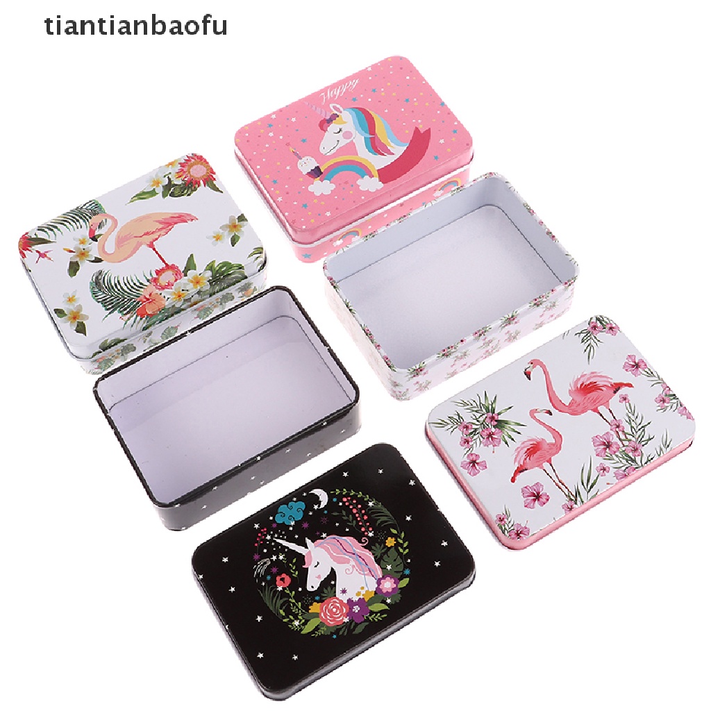 [tiantianbaofu] 1pc Kartun Unicorn Flamingo Tinplate Kotak Penyimpanan Toples Tertutup Perhiasan Candy Box Butik