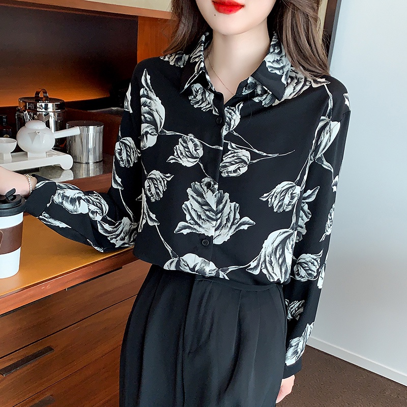 COD 2023 New Fashion Korea pencetakan hitam putih Kemeja wanita lengan panjang atasan kerja santai
