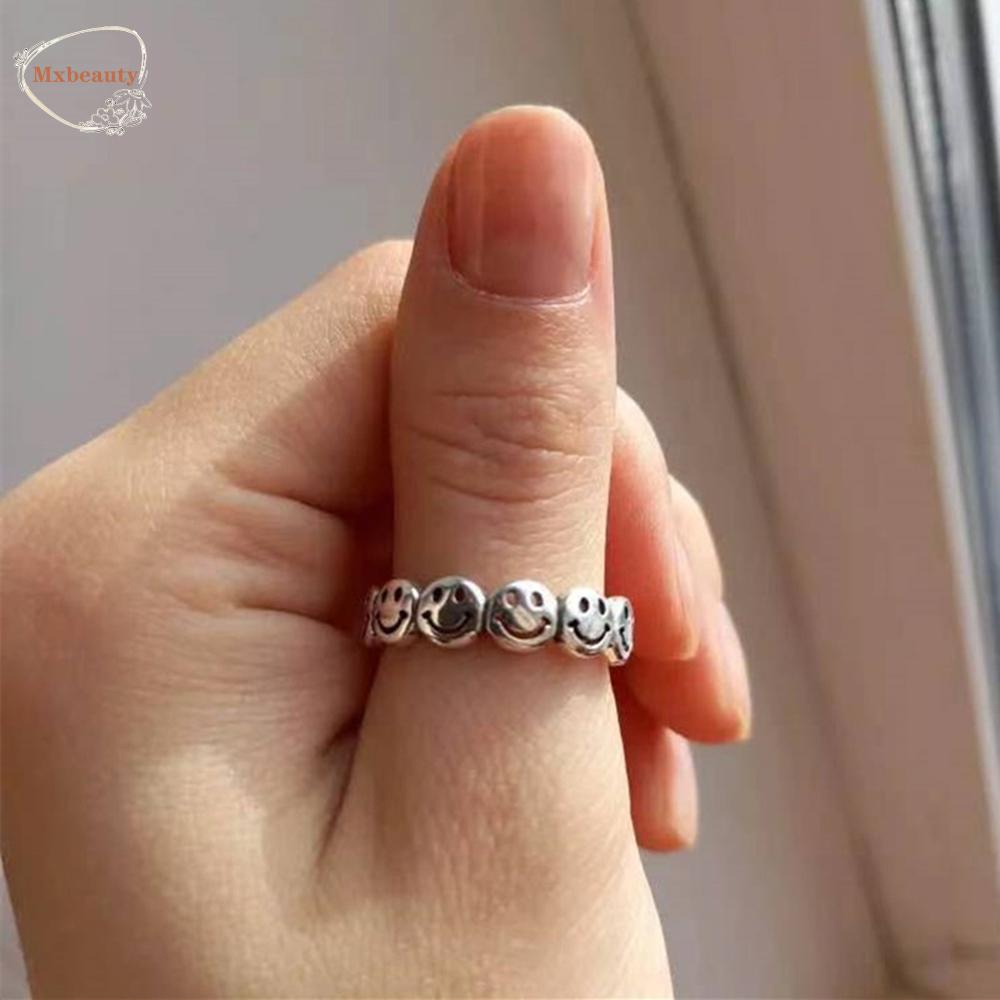 MXBEAUTY Friend Gifts Happy Finger Ring Personalized Fashion Accessories Smiling Face Rings Open Rings Punk Hip Hop Men Women Ancient Silver Color Adjustable Vintage Party Jewelry