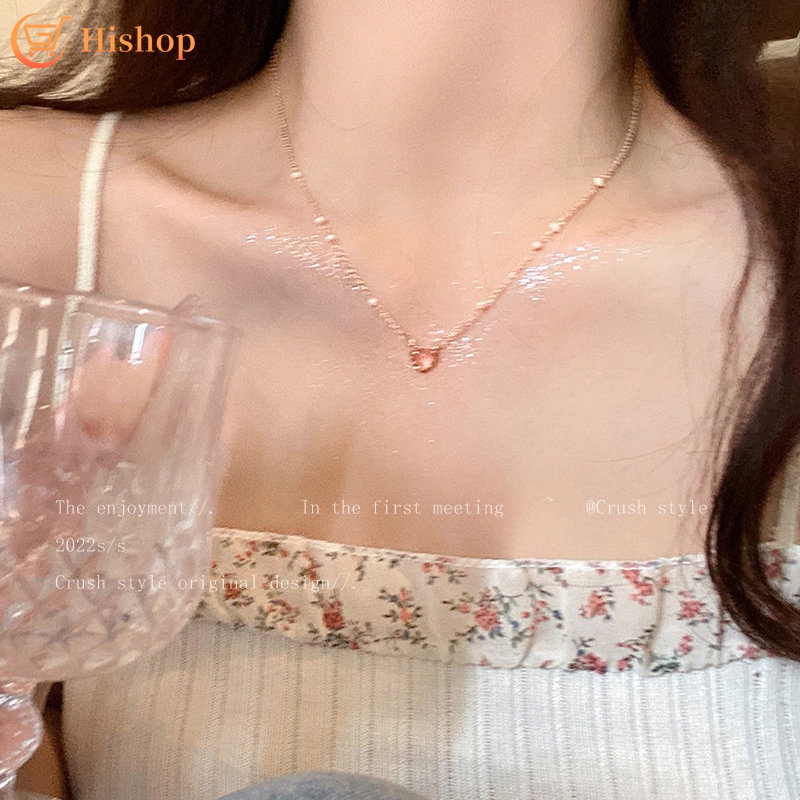 Kalung Liontin Hati Opal Choker Rantai Mutiara Kristal Simple Untuk Aksesoris Perhiasan Wanita