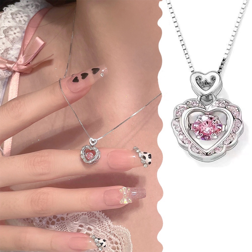 Merah Muda Berlian Hati Kalung Wanita Serbaguna Rantai Klavikula Wanita Sweater Rantai High-end Liontin Perhiasan Aksesoris Kalung Manis Hati Perhiasan