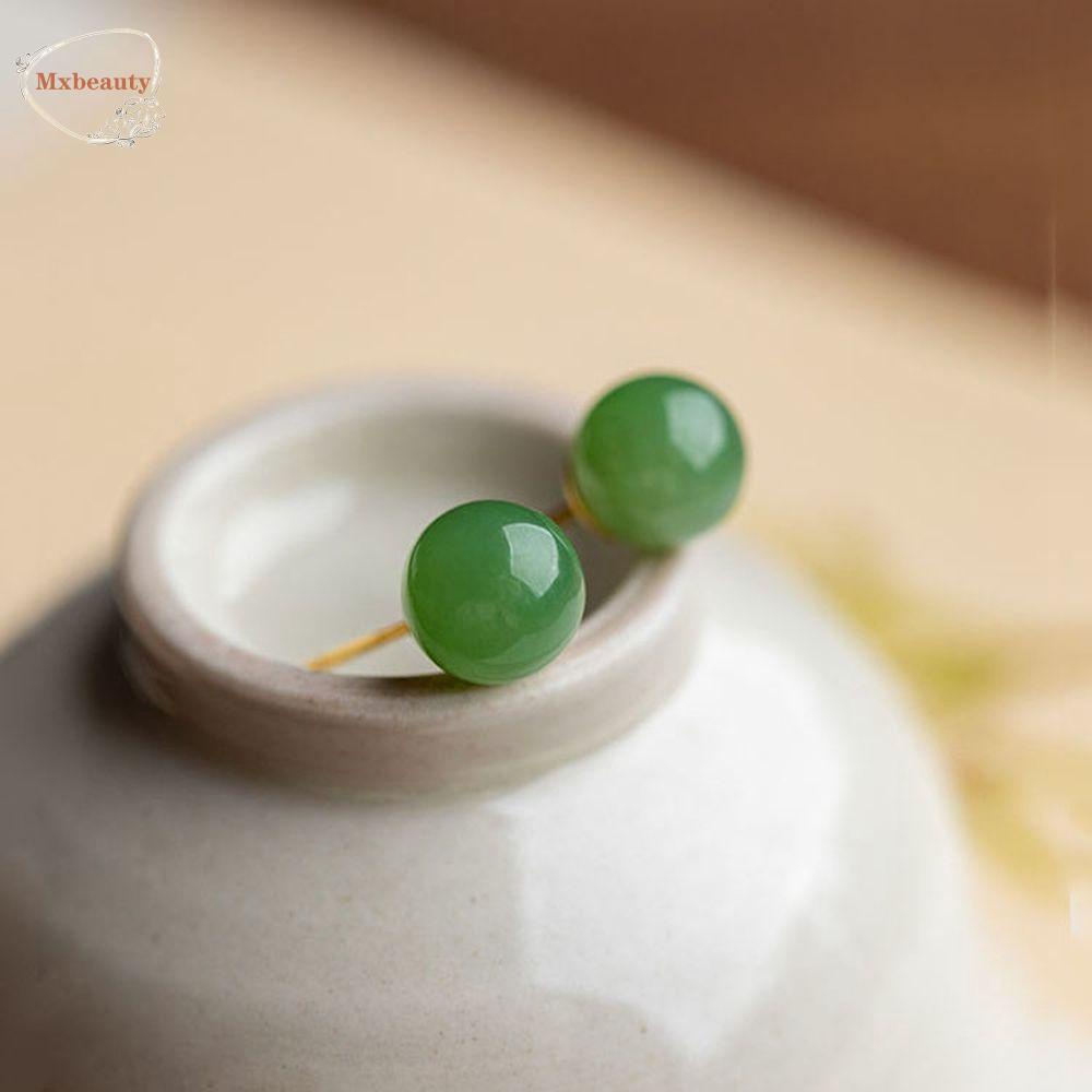 Mxbeauty Hetian Anting Giok Wanita Geometri Manis Bulat Gaya Cina Perhiasan Hijau Anting Perempuan