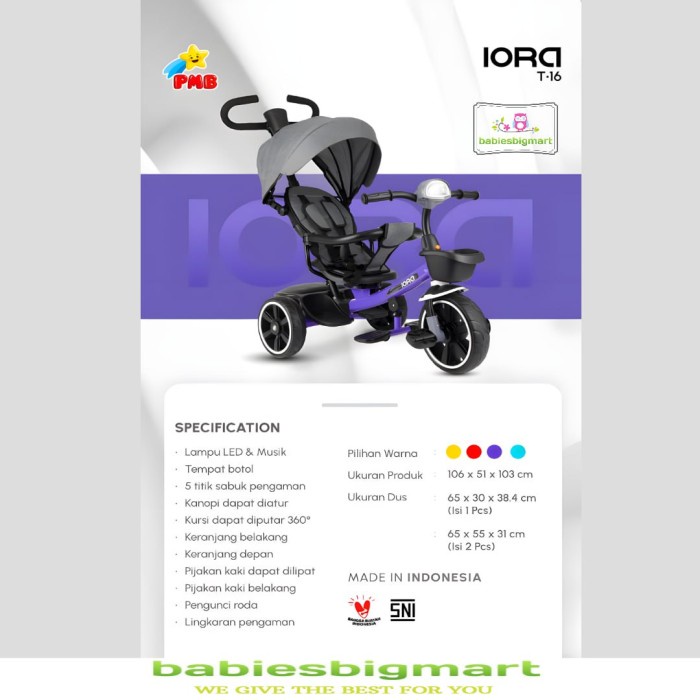 Sepeda Anak Roda 3 Tiga Pmb Iora T 16 Sepeda Stroller Bisa Atur Sandar Multifungsi Terbaru