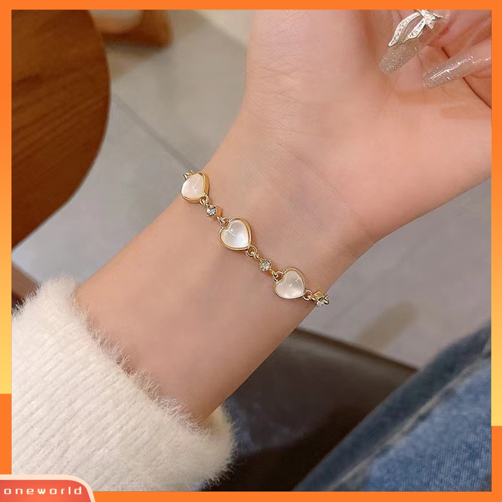 [ONE] Wanita Gelang Shiny Faux Cat Eye Stone Adjustable Golden Elegan Tiga Cinta Hati Pesona Wanita Bangle Fashion Perhiasan