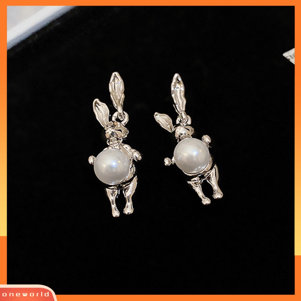 [EONE] 1pasang Ear Studs Lucu Warna Silver Membawa Keberuntungan High Gloss Faux Pearl Rabbit Kelinci Wanita Anting Perhiasan Aksesoris