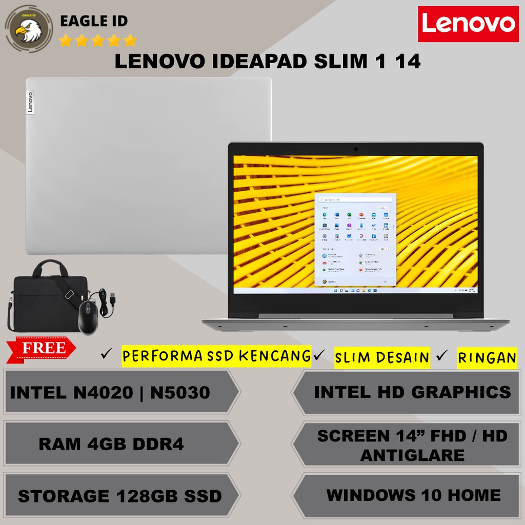 LAPTOP SEKOLAH TERMURAH BARU LENOVO IDEAPAD SLIM 1 14 INTEL SERIES PENYIMPANAN SSD WARNA GREY