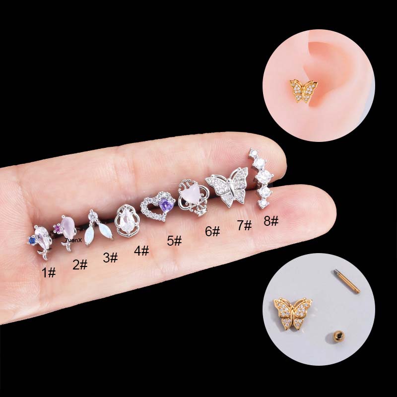 1biji Stainless Steel Tulang Rawan Tragus Anting Stud Helix Pinna Lobe 16Gauge Tindik Bentuk Kupu-Kupu Hati