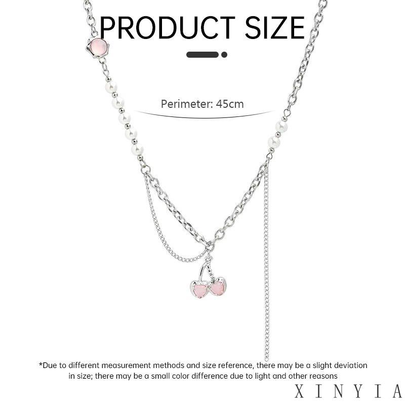 【Bayar di tempat】Kalung Mutiara Bentuk Hati Cherry Warna Pink Tulang Selangka Logam Musim Panas Manis Gaya Keren Ringan Mewah