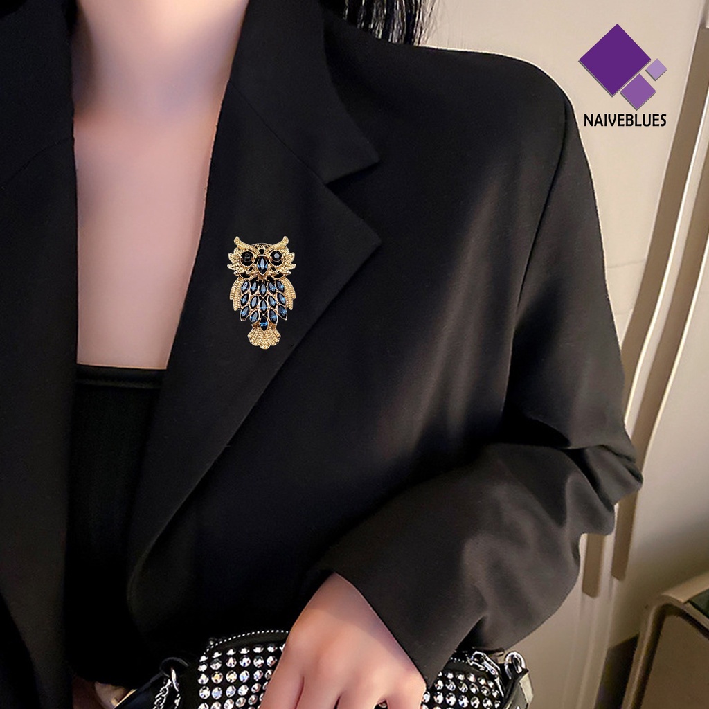 &lt; Naiveblues &gt; Burung Hantu Bros Kepribadian Vintage Elegan Berlian Imitasi Bertatahkan Pria Wanita Bisnis Kerah Pin Fashion