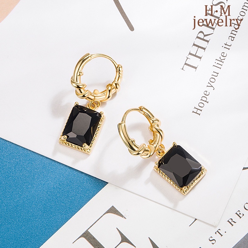 S925 Perak Retro Hitam AAA Zirkon Anting Bermutu Tinggi Cahaya Mewah Temperamen Anting