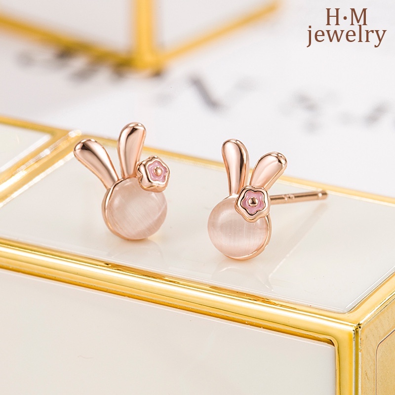 S925 Perak Opal Rabbit Stud Earrings Lucu Dan Kompak Manis Aksesori