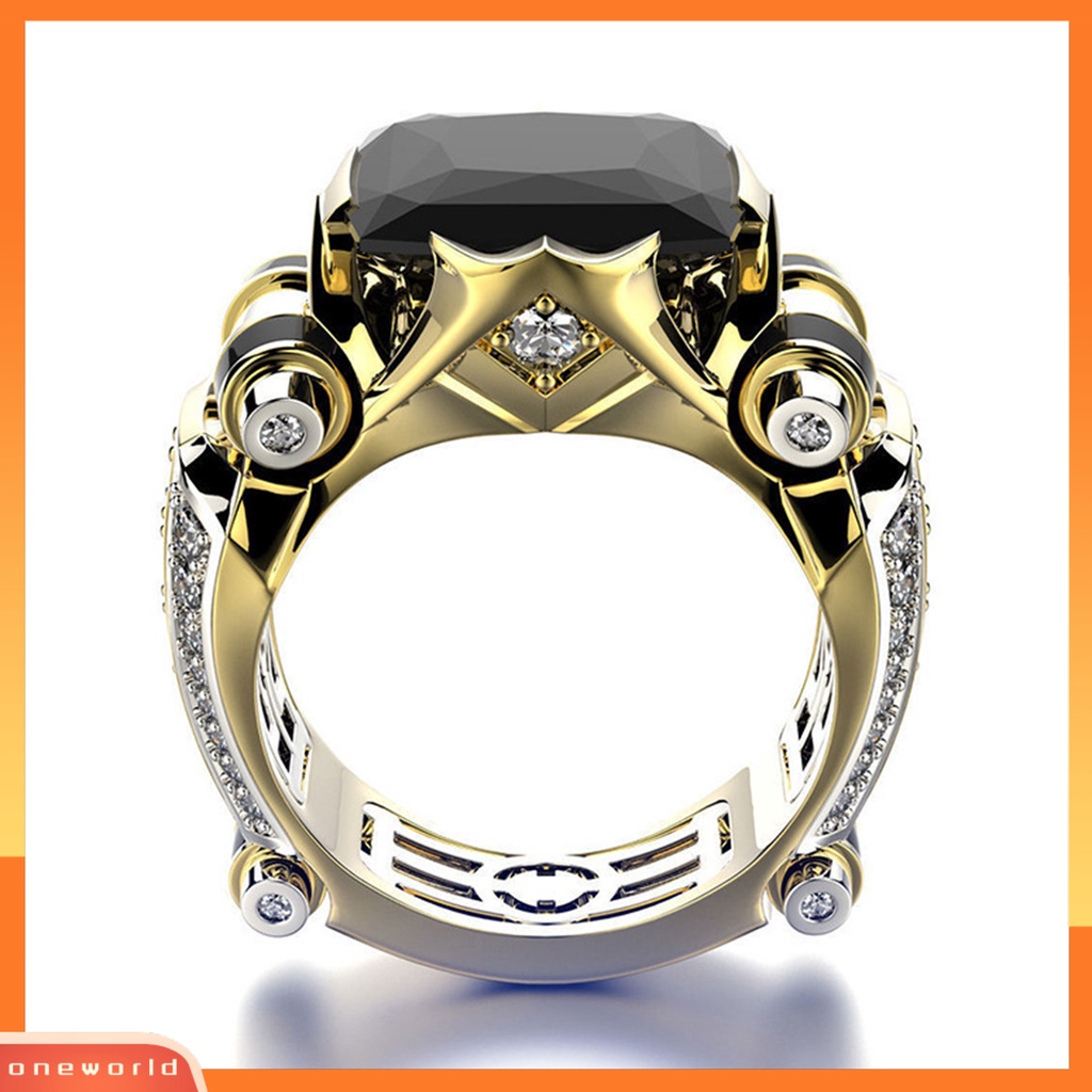 [EONE] Wanita Cincin Faux Square Crystal Two-tone Vintage Keren Punk Hadiah Berongga Bling Cubic Zirconia Ladies Finger Ring Untuk Pesta