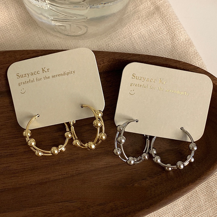 S925 Perak Disepuh Menjuntai Manik Bulat Double Layer Earrings Hoop Ear Studs Untuk Gadis Manis Keren