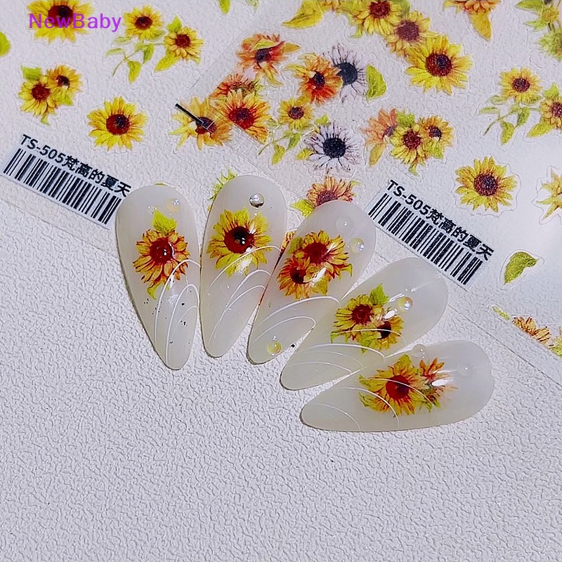 Newbaby 1lembar Stiker Nail Art Transfers Spring Sunflowers Floral Fern Decals ID