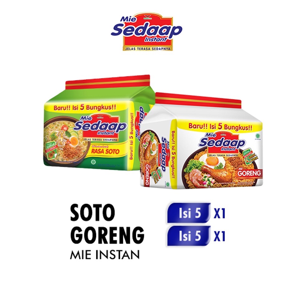 

Mie Sedaap Soto 75 gr isi 5 + Mie Sedaap Goreng 90 gr isi 5