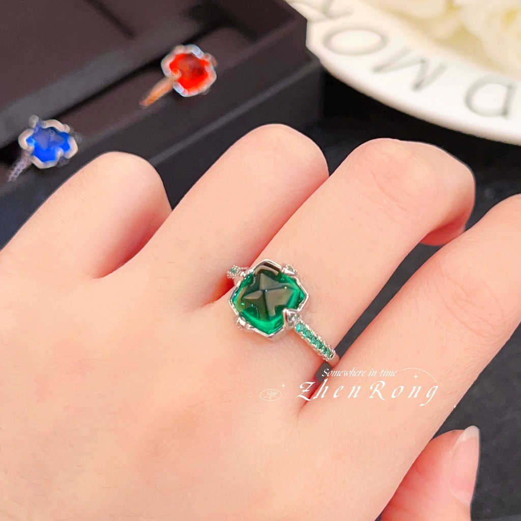 Goldkingdom Aksesoris Perhiasan Fashion Ready Stock Romantis Bertatahkan 5A Royal Blue Tandem Safir Cincin Dengan Bintang Terang Dan Langit Hijau Cincin Perempuan