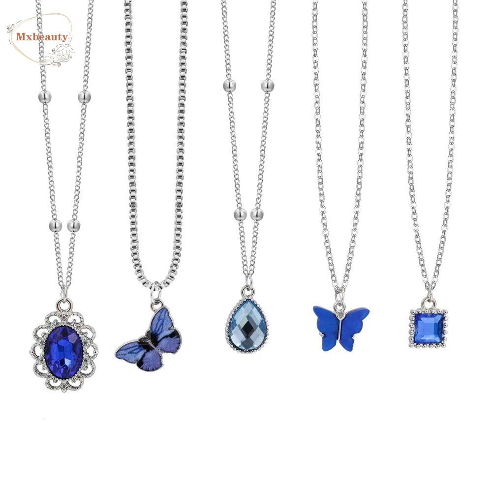 Mxbeauty Wanita Kalung Set Elegan Fashion Halus Kupu-Kupu Pendent Square Pendent Gadis Hadiah Tetesan Air Pendent Gadis Choker Kristal Gadis Klavikula Rantai