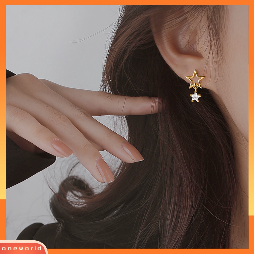 [EONE] 1pasang Ear Studs Hollow Bintang Rantai Rumbai Tidak Teratur Warna Emas/Perak Cubic Zirconia Tertanam Bintang Drop Anting-Anting Perhiasan Fashion