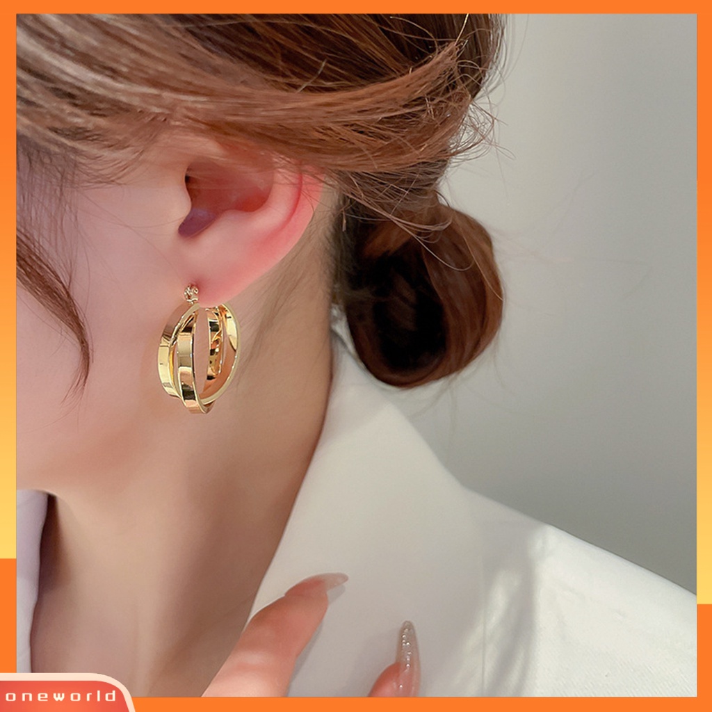 [EONE] 1pasang Anting Hoop Dual Cross Rings Geometris Temperamen Elegan Dipoles Hadiah Paduan Emas Logam Lingkaran Anting Perhiasan Fashion