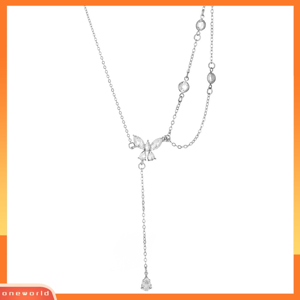 [EONE] Wanita Kalung Double-layer Asimetris Elegan Berlian Imitasi Bertatahkan Kupu-Kupu Klavikula Kalung Fashion Perhiasan