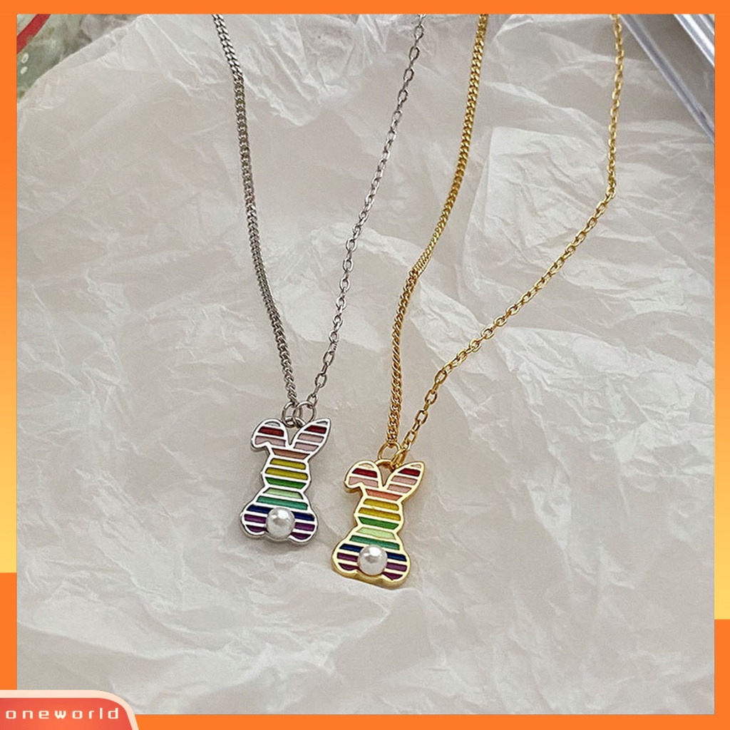 [EONE] Wanita Kalung Rainbow Oil-dripping Bergaris Mutiara Imitasi Elegan Kelinci Liontin Klavikula Kalung Fashion Perhiasan