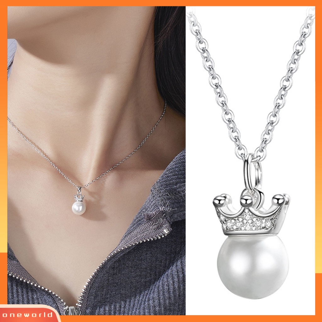 [EONE] Rantai Klavikula Bentuk Mahkota Bersinar Liontin Mutiara Imitasi Finishing Terang Anti Karat Berdandan Colorfast Bulat Liontin Kalung Aksesori Pakaian