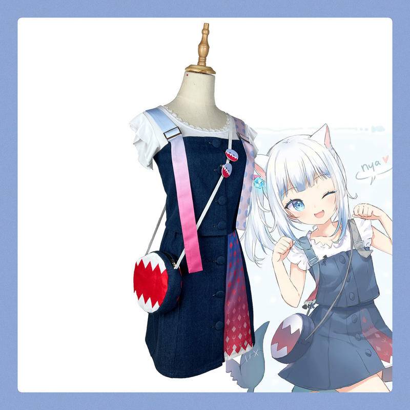 【Wetrose】 Hololive En Vtuber Gawr Gura Daily Dress Cat Shark Cosplay Costume Kostum Lucu Wanita Anak Cewek Gadis Anak Perempuan Set