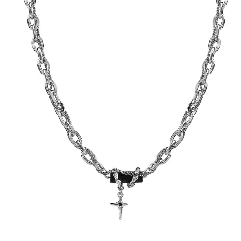 Kalung Baja Titanium Pria Zirkon Hitam, Kalung Hip-Hop Pria Trendi, Kalung Pria