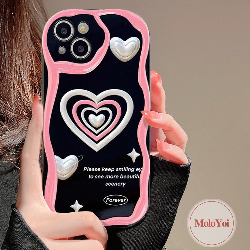 IPHONE Casing Ponsel Kompatibel Untuk Iphone11 12 13 14 Pro Max XR 7Plus 8Plus X 7 8 6s 6 Plus XS Max SE 2020 INS Pink Love Heart Leopard 3D Wavy Curved Edge Glossy Shockproof Soft Tpu Cover