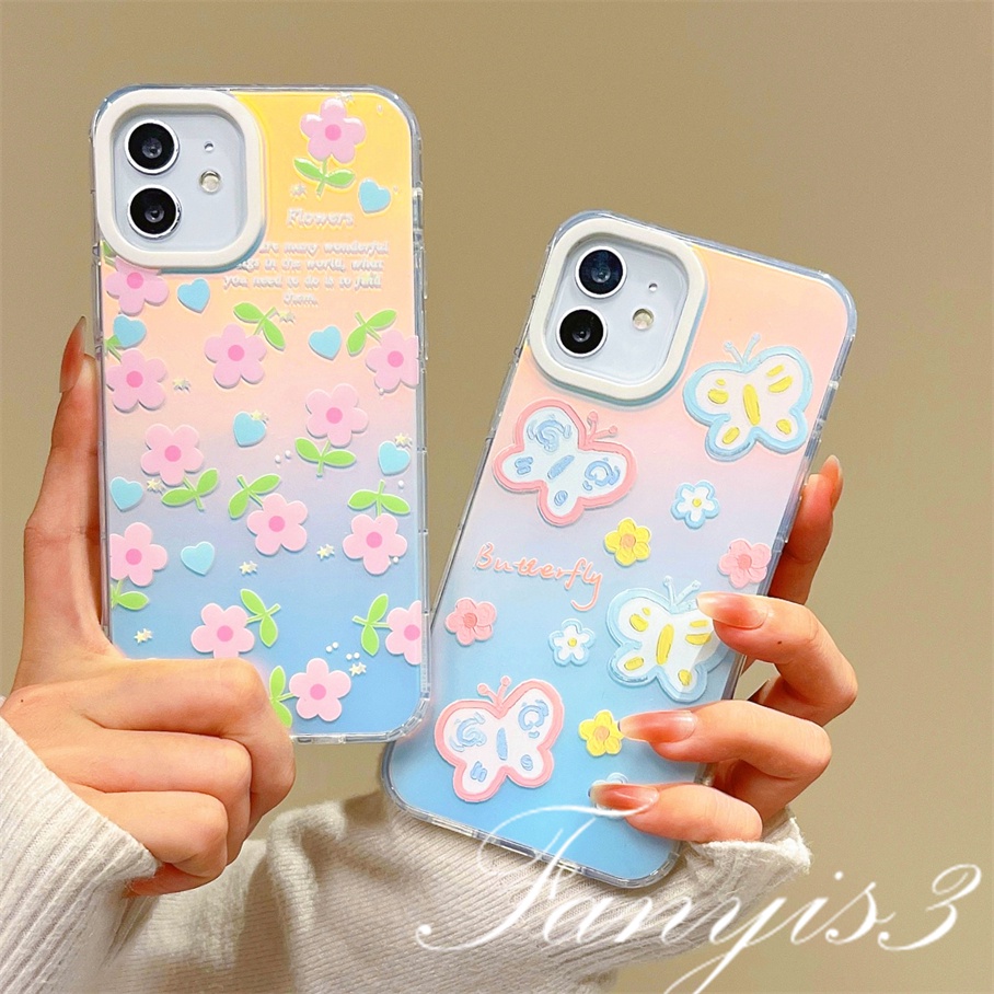 Compatible For IPhone 14 13 12 11 Pro Max X XR Xs Max 8 7 Plus SE 2020 Kompatibel Untuk Little Flower Butterfly IMD Laser Gradient Phone Case TPU Lembut Shockproof Cover Pelindung