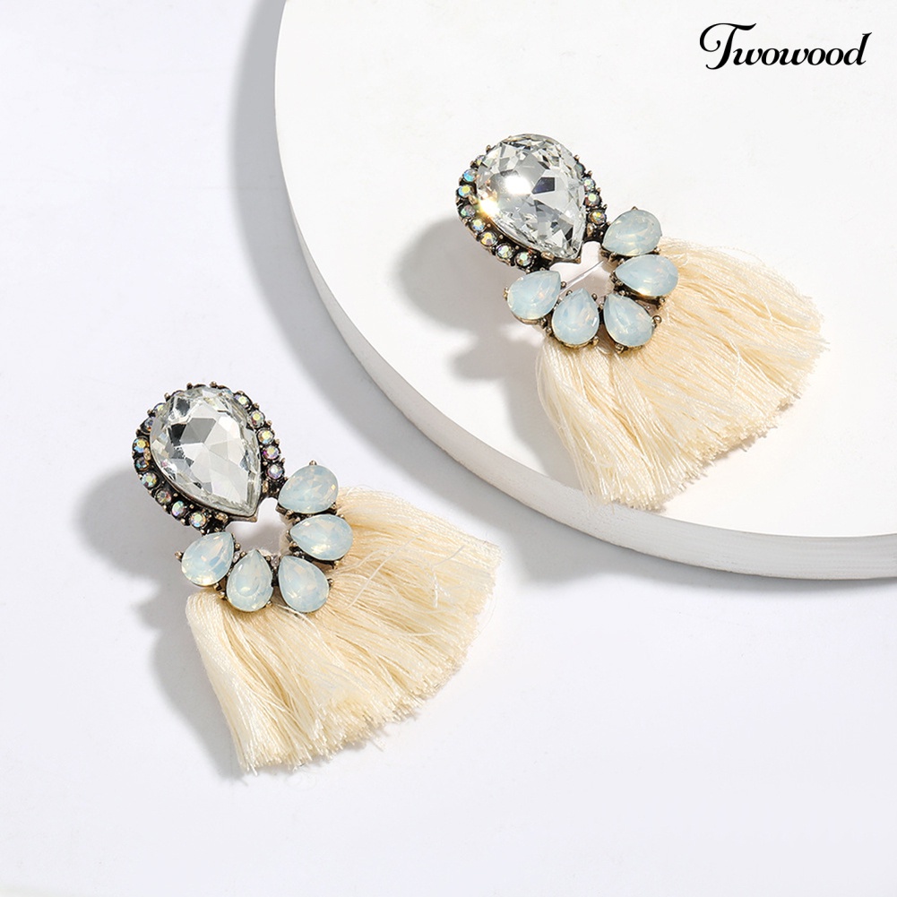 Twowood Wanita Berlebihan Tetesan Air Berlian Imitasi Bentuk Kipas Rumbai Stud Earrings Jewelry