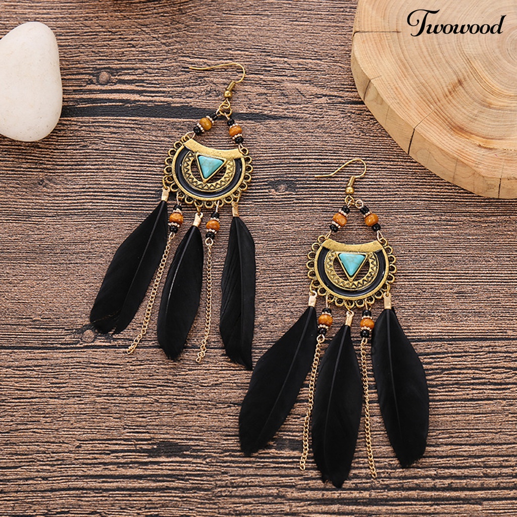 Twowood 1pasang Anting Kait Gaya Bohemia Etnik Bulu Sintetis Indah Lady Boho Anting Menjuntai Untuk Prom