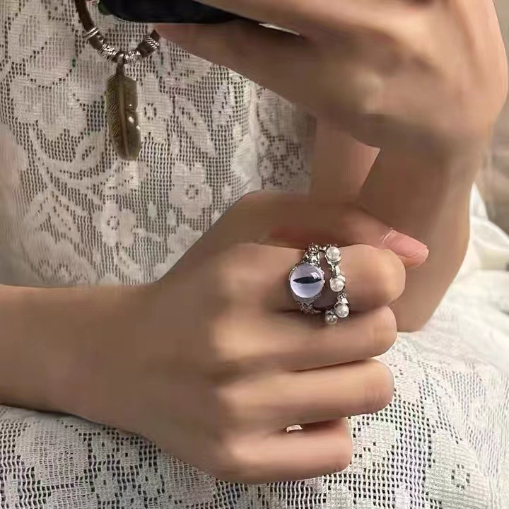 Cincin Perak Terbuka Mata Kucing Bulat Fashion