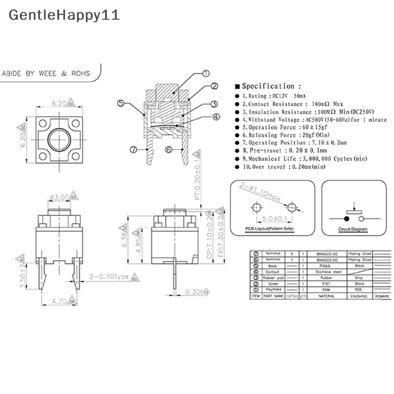 Gentlehappy 10Pcs Kailh Tombol Mute6 * 6 * 7.3 Saklar Senyap Tombol Mouse Nirkabel Micro Switch id