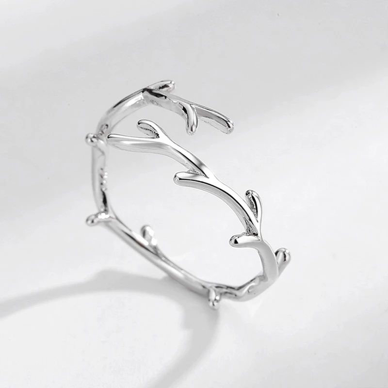 Kreatif Indah Fashion Wanita Cabang Daun Pembukaan Cincin Kepribadian Chic Sederhana Gadis Warna Perak Tanduk Adjustable Jari Cincin Perhiasan Hadiah
