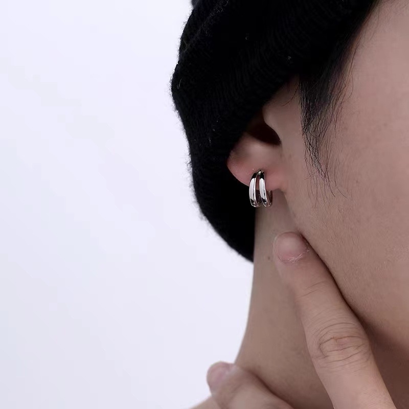 Anting Hoop Bulat Lapisan Ganda Geometris Sederhana/Anting Stud Bentuk Tetesan Air Logam Tebal/Perhiasan Unisex Vintage