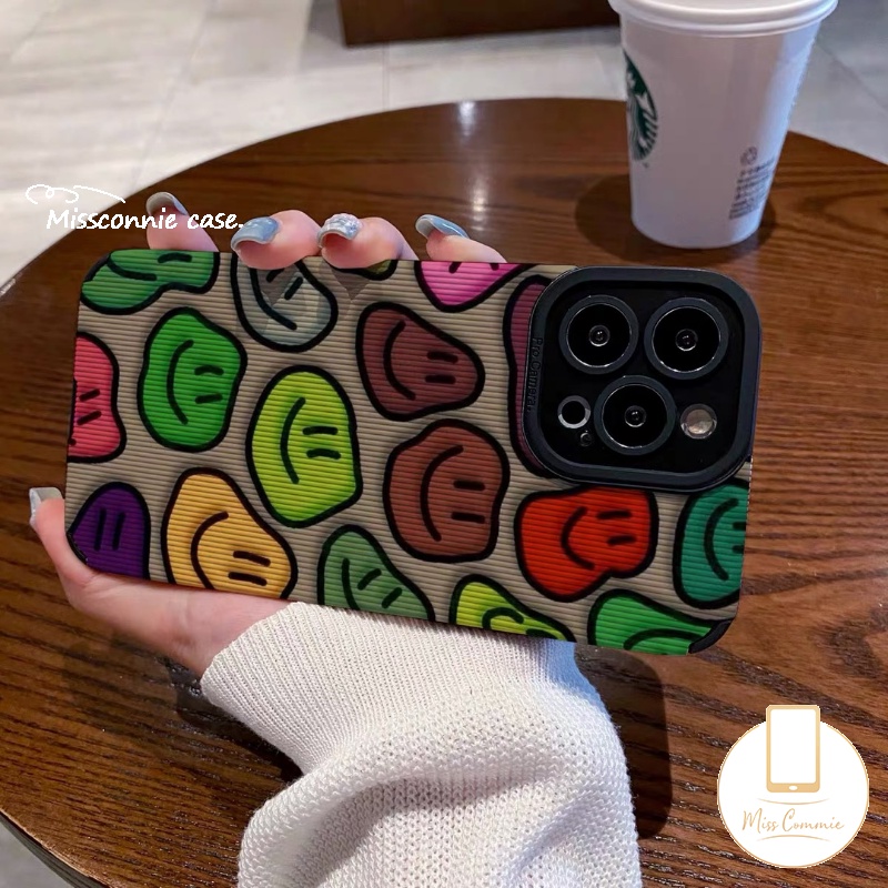 IPHONE Kartun Warna-Warni Smiley Phone Case Kompatibel Untuk Iphone11 14 12 13 Pro MAX XR 78 Plus X XS MAX 7Plus Graffiti Mewah Tekstur Kulit Lembut Shockproof Silicon Cover