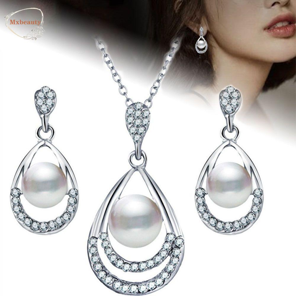 Mxbeauty Set Perhiasan Wanita Pengantin 1Set Kalung Mewah Tetesan Air Mutiara Handmade Jewelry