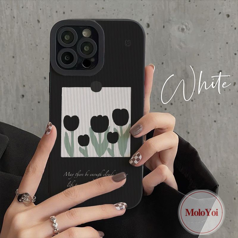 IPHONE Stiker Tekstur Kulit Mewah Shockproof Case Kompatibel Untuk Iphone11 12 14 13 Pro MAX 7Plus 7 8 Plus XR X XS MAX Jepang Dan Korea Selatan Fashion Bunga Tulip Lembut Silicone Cover