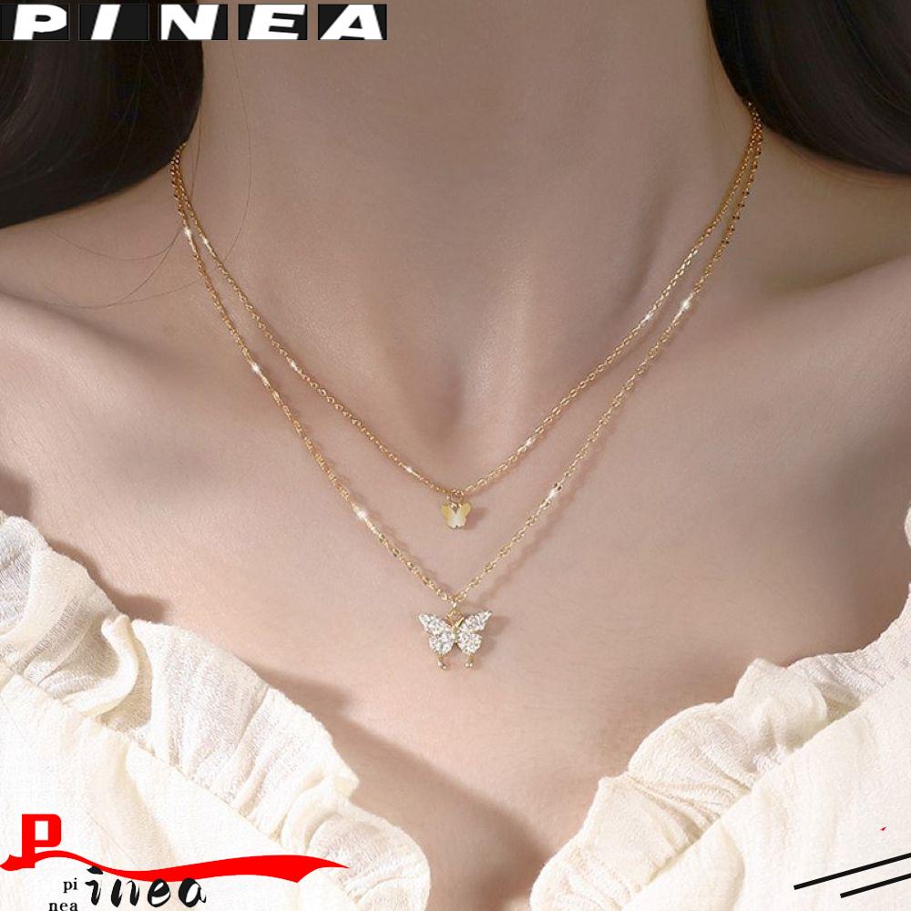 Kalung Choker Rantai Klavikula Lapisan Ganda Hias Liontin Nanas Kupu-Kupu Kilau Warna-Warni Untuk Wanita