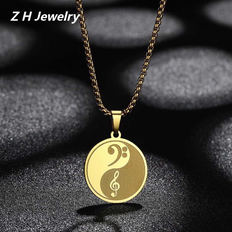 Z H Perhiasan Stainless Steel Yin Yang Tinggi Dan Rendah Nada Clef Liontin Berlapis Emas 18K Pria Dan Wanita Kalung Pesta Rock Punk Aksesoris Fashion Hadiah