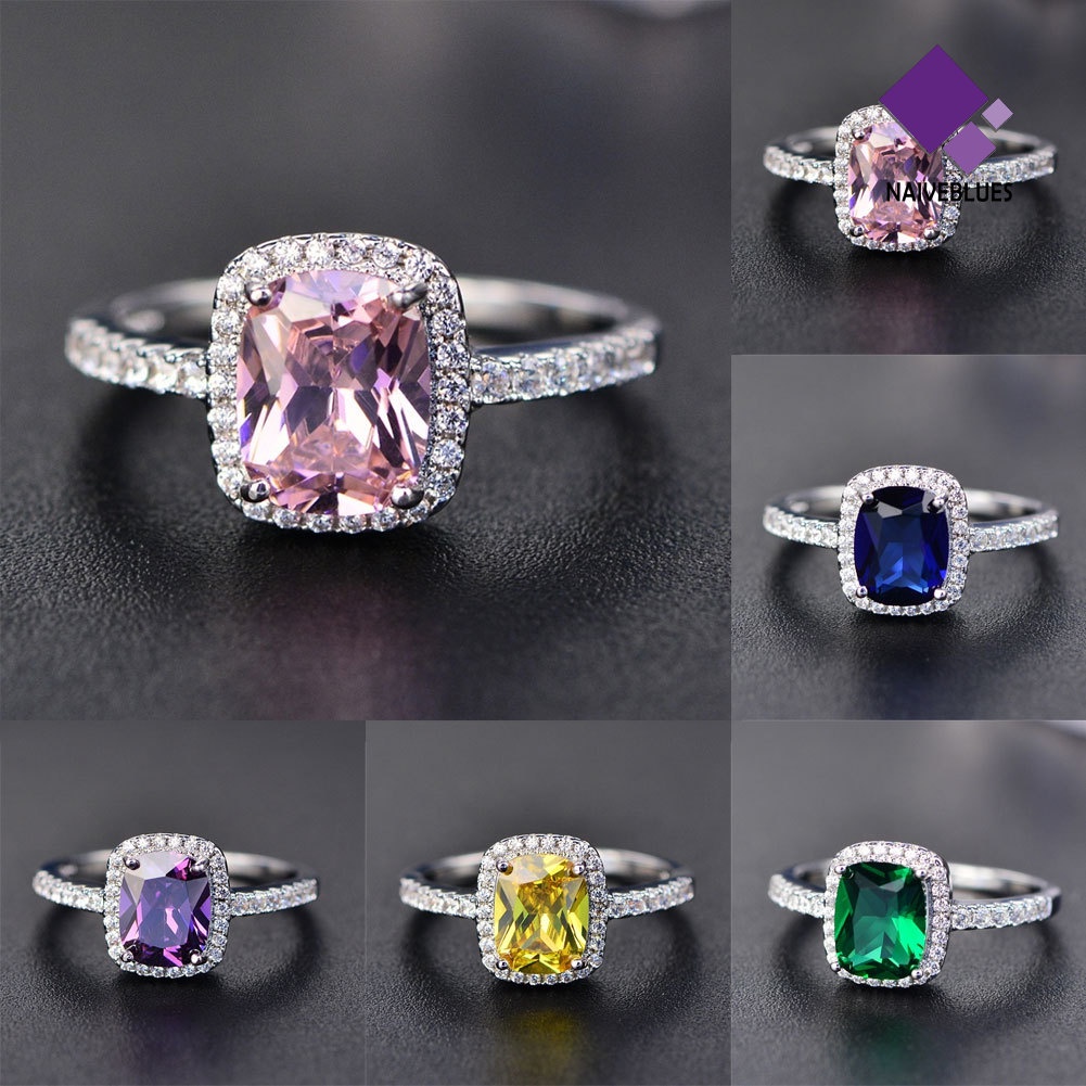 &lt; Naiveblues &gt; Cincin Tunangan Lamaran Berlian Imitasi Batu Permata Imitasi Persegi Bergaya