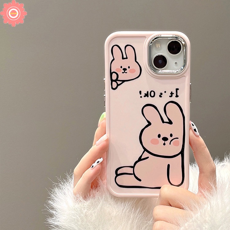 IPHONE Pasangan Kartun Lukisan Cat Minyak Anjing Lucu Robbit Phone Case Kompatibel Untuk Iphone11 12 13 14 Pro Max7 8 Plus 7plus X XR 8plus XS MAX Plating Bingkai Lensa Logam Soft Cover