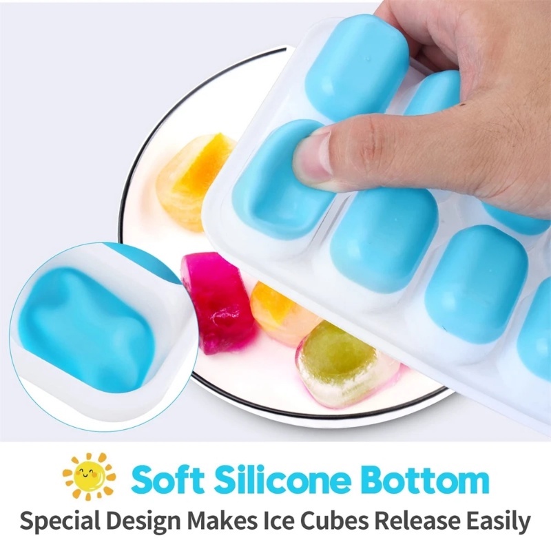 [Unggulan] 14kisi Cetakan Ice Tray Silikon Kisi Es Dengan Tutup Alas Lembut Bentuk Es Batu Aksesoris Dapur Alat Kotak Es Batu Buatan Sendiri Cetakan Es Loli DIY Mudah Demoulding Es Kotak