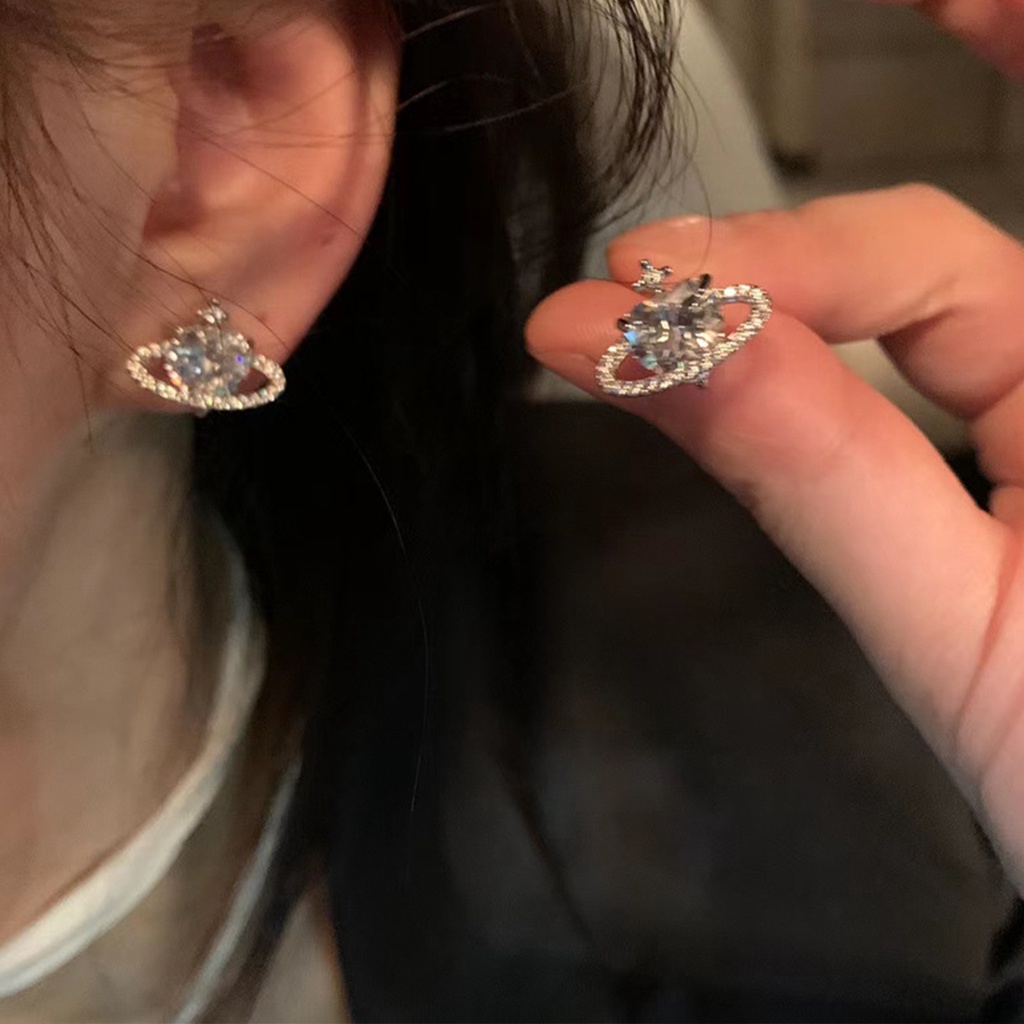 Anting Kristal Berlian Imitasi Simple Planet Love Anting Perhiasan Temperamen Perak Untuk Anak Perempuan