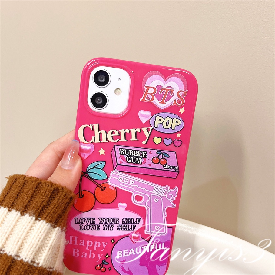 Compatible For iPhone 14 13 12 11 Pro Max X XR Xs Max 8 7 6 6s Plus SE 2020 Kompatibel Untuk Ilustrasi Graffiti Cherry Permukaan Glossy Phone Case TPU Silikon Lembut Cover Pelindung