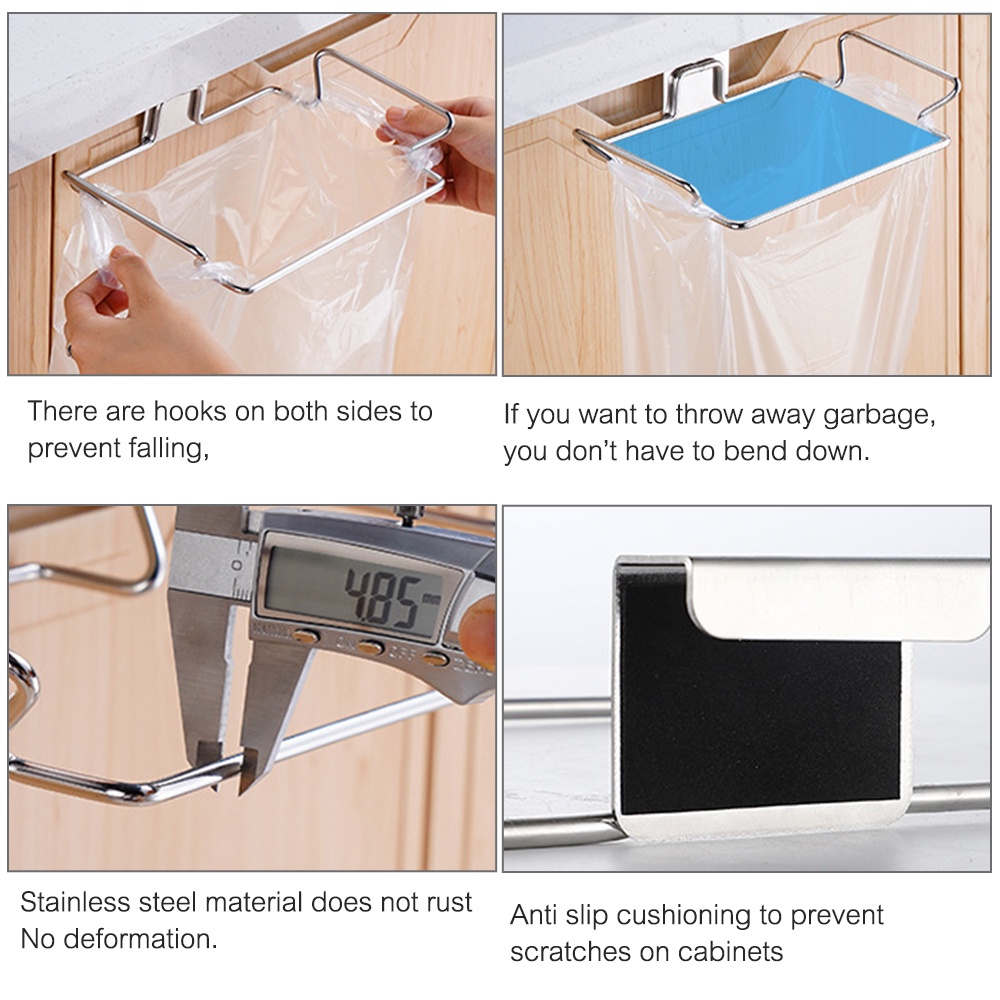 Over Cabinet Trash Bag Holder Laci Tempel Tempat Kantong Sampah Stainless Steel Wadah Sampah Lemari Kain Handuk Rak Gantung Doorback Payung Holder Organizer Dapur