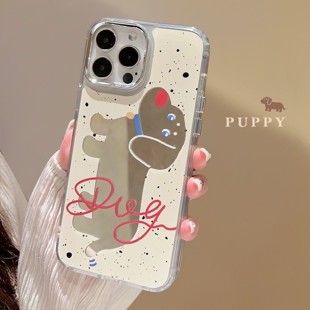 IPHONE Ins Anjing Lucu Kartun Plating Cermin Casing Transparan Untuk Iphone14 11 12 13 PRO MAX Casing AT0264 Cover Pelindung